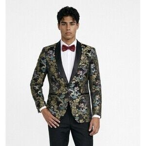 COOFANDY Mens L Blazer Tuxedo Asian Dragon Jacquard Black Satin Lapel Party Prom